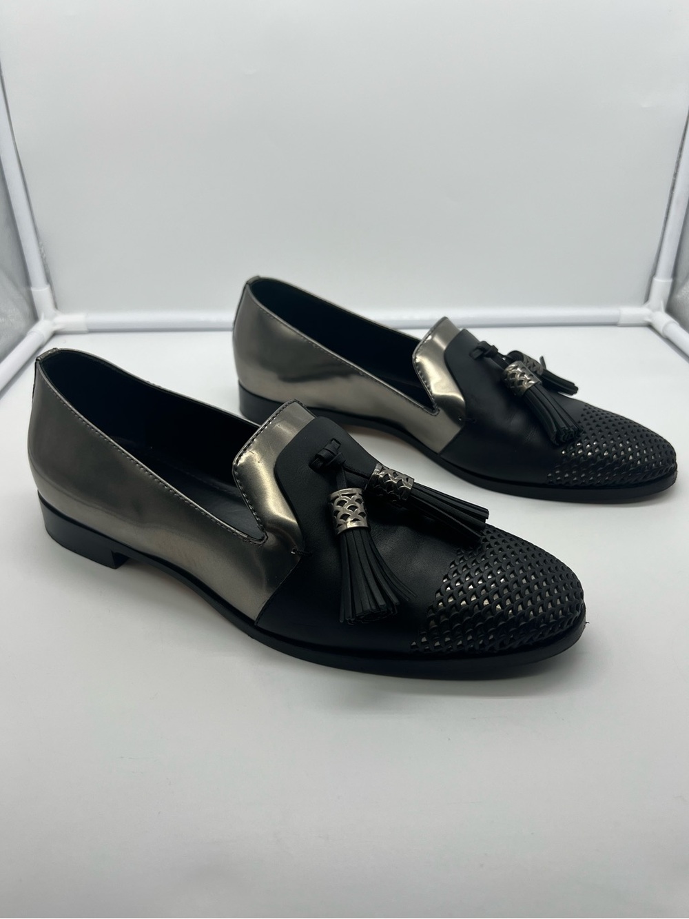 SERGIO ROSSI Olive Metallic Patent Leather Black Tassel Loafers Moccasins 38.5